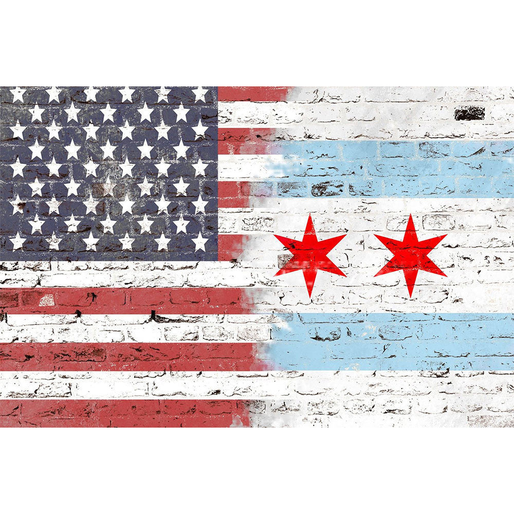 Chicago Flag On Shirt And Hanging On The Wall With Brick Pattern